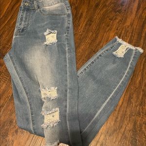 Light wash distressed crop jeans